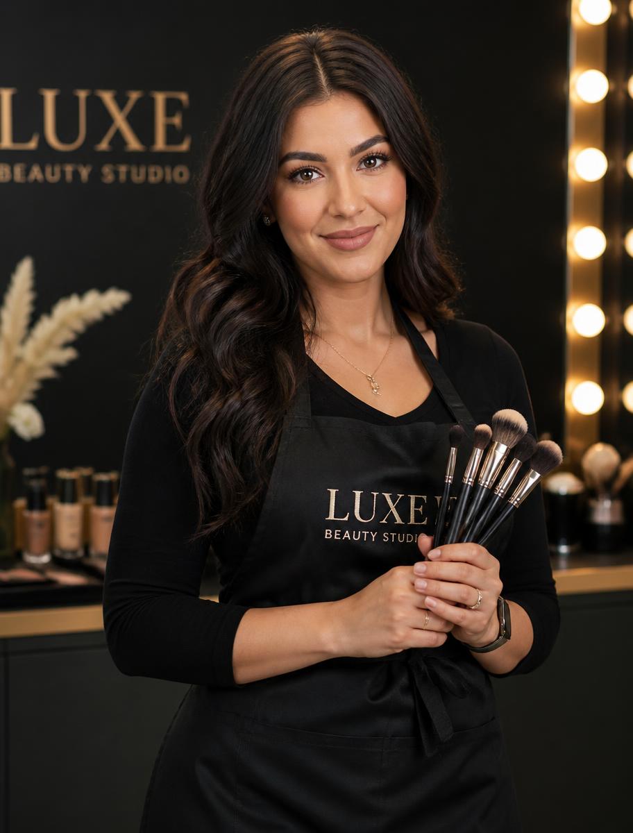 Studio founder holding makeup brushes