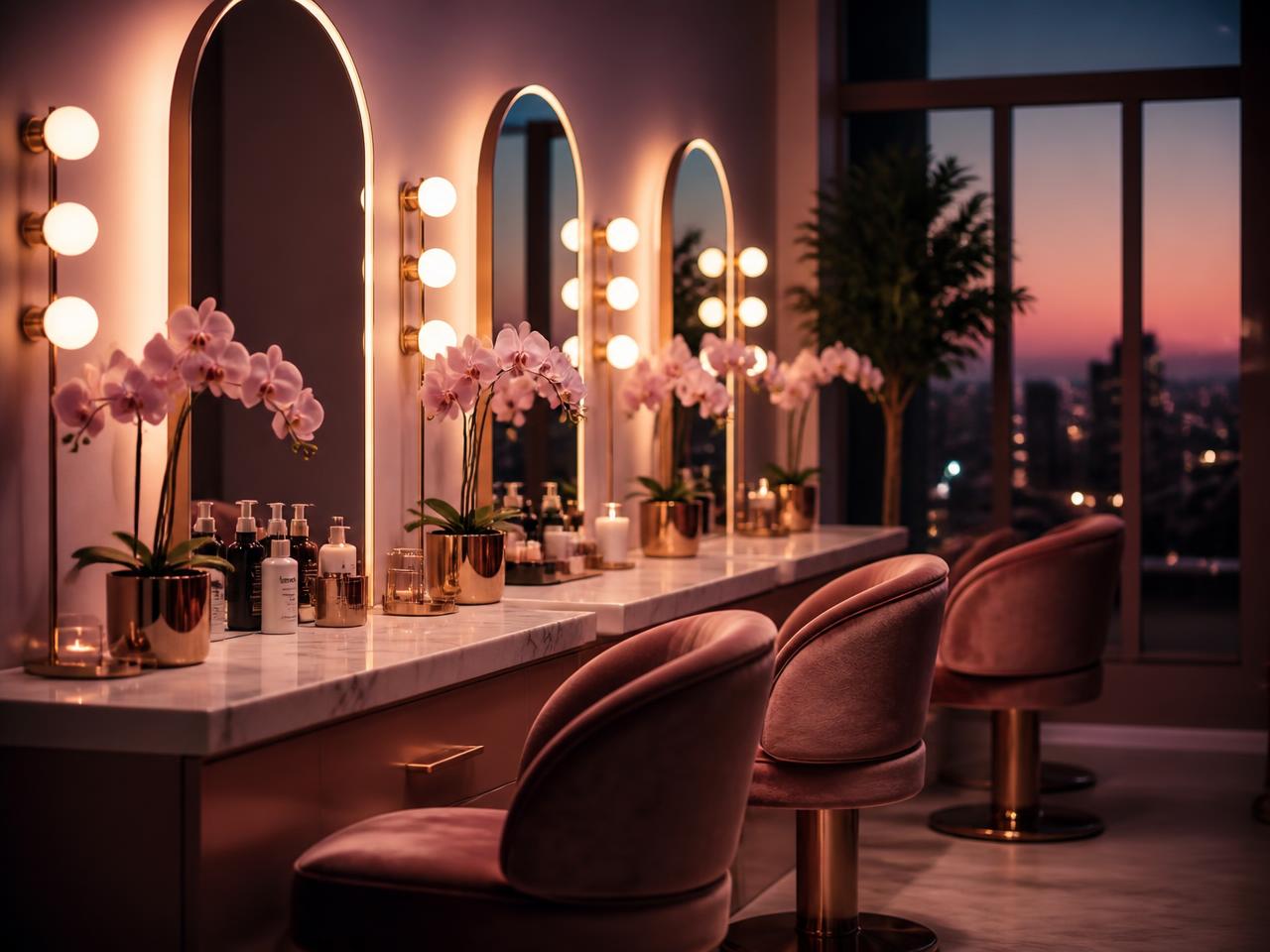 Glow Studio salon interior at dusk